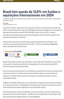 Brasil tem queda de 12,6% em fuses e aquisies internacionais em 2024...  Leia mais no texto original: (https://www.poder360.com.br/poder-economia/fusoes-e-aquisicoes-transfronteiricas-tem-queda-de-126-em-2024/)  2025 Todos os direitos so reservados a